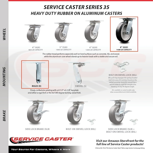 8 Inch Rubber On Aluminum Caster Set With Ball Bearing 2 Brakes And 2 Rigid SCC